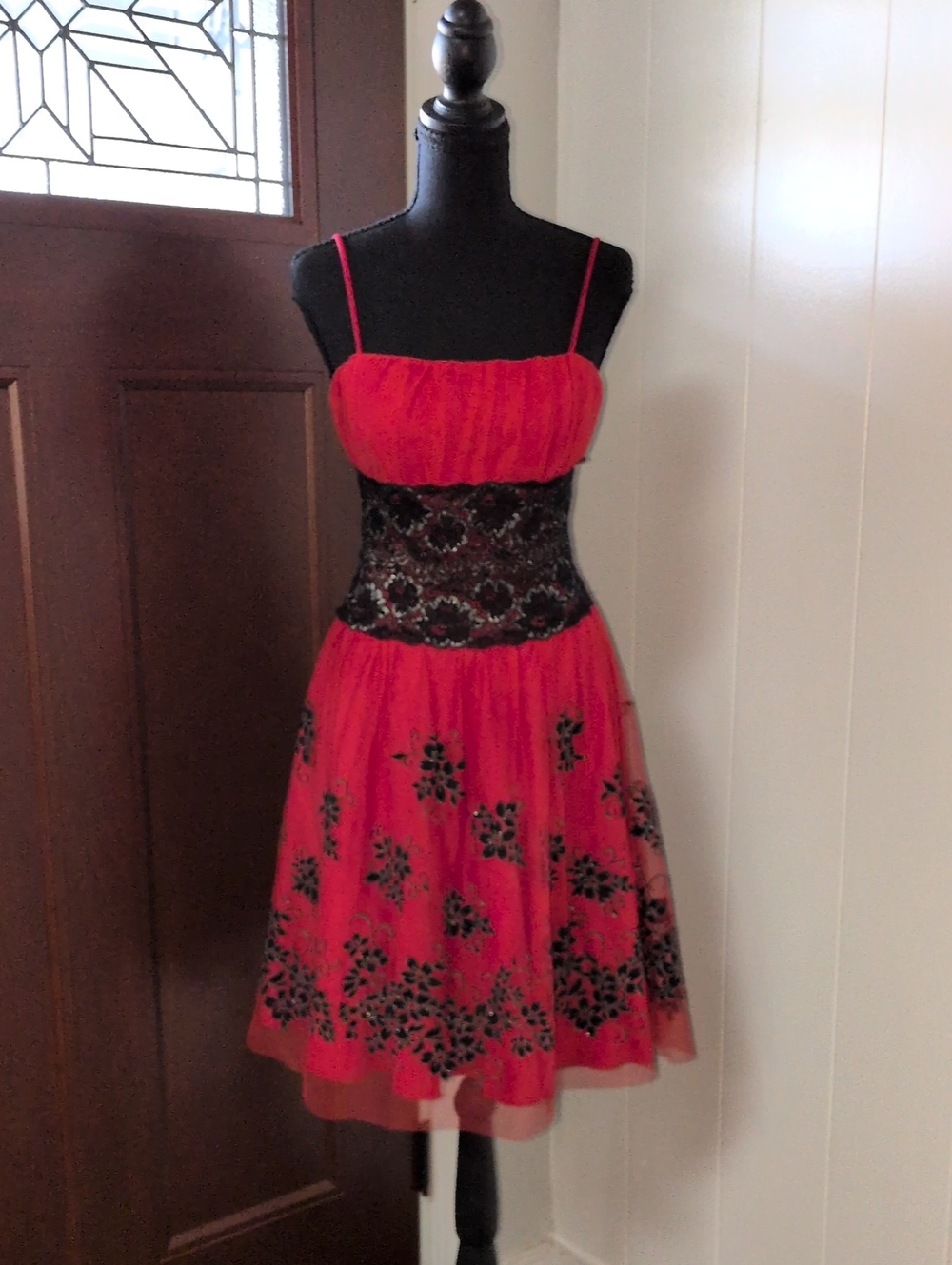 RORY USA Red Vintage Spaghetti-Strap Mini Dress with Black Lace Waist Size M